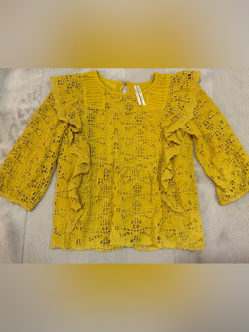 Anthropologie Mustard Yellow Lace Ruffle Blouse, Size 2P